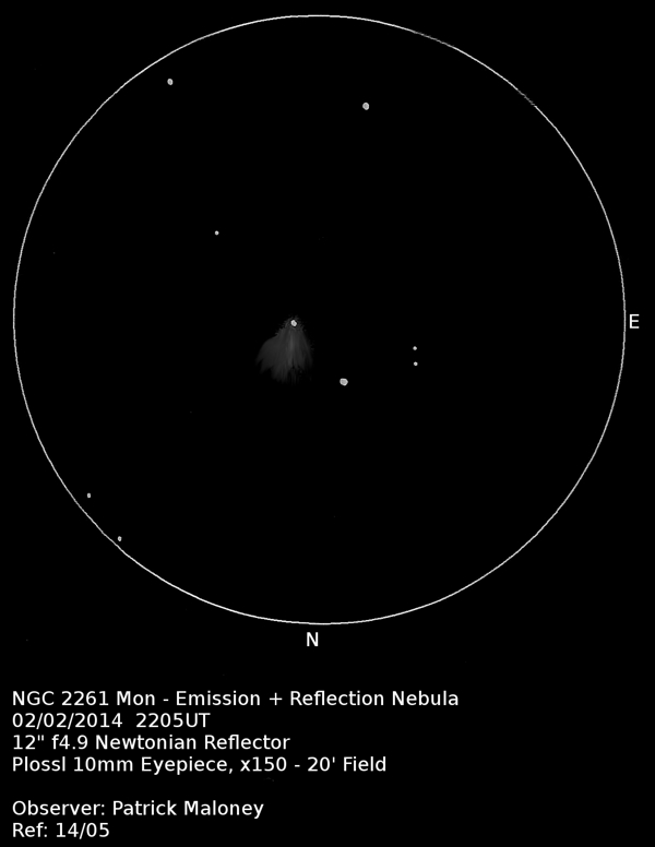 A sketch of NGC 2261 by Patrick Maloney through his 12-inch newtonian telescope at x150 magnification.