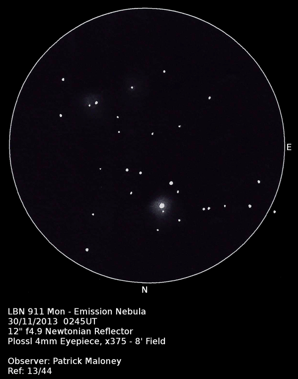 A sketch of LBN 911 by Patrick Maloney through his 12-inch newtonian telescope at x375 magnification.