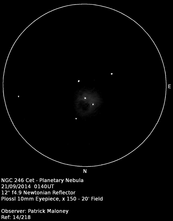 A sketch of NGC 246 by Patrick Maloney through his 12-inch newtonian telescope at x150 magnification.