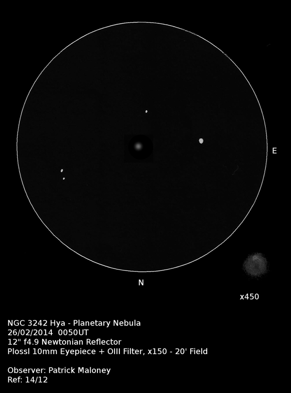 A sketch of NGC 3432 by Patrick Maloney through his 12-inch newtonian telescope at x150 magnification.