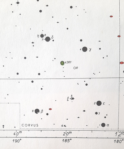 A photograph of the fateful page from the Skalnate Pleso Atlas Coeli, a celestial atlas showing the position of NGC 4361 as a green disk in the constellation of Corvus.