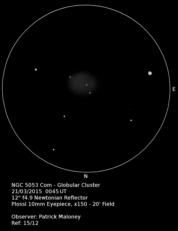 A sketch of NGC 5053 by Patrick Maloney through his 12-inch newtonian telescope at x150 magnification