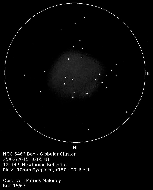 A sketch of NGC 5466 in Boötes by Patrick Maloney in 2015 through his 12-inch newtonian telescope at x150 magnification. A sketch of NGC 5466 in Boötes by Patrick Maloney in 2015 through his 12-inch newtonian telescope at x150 magnification.
