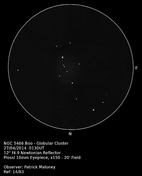 A sketch of NGC 5466 in Boötes by Patrick Maloney in 2014 through his 12-inch newtonian telescope at x150 magnification. A sketch of NGC 5466 in Boötes by Patrick Maloney in 2014 through his 12-inch newtonian telescope at x150 magnification.