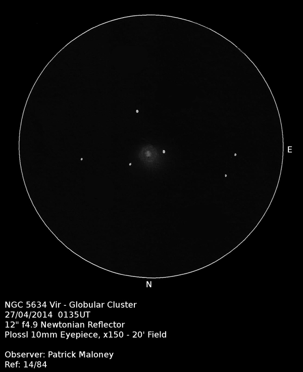 A sketch of NGC 5634 by Patrick Maloney through his 12-inch newtonian telescope at x150 magnification.