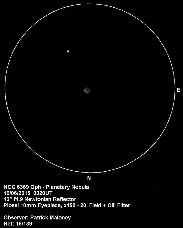 A sketch of NGC 6369 in Ophiuchus by Patrick Maloney through his 12-inch newtonian telescope at x150 magnification. A sketch of NGC 6369 in Ophiuchus by Patrick Maloney through his 12-inch newtonian telescope at x150 magnification.