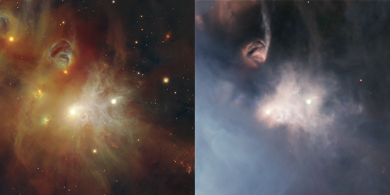 Images of R and T Corona Australis and NGC 6729 variable nebula in Corona Australis in both visual and infrared wavelengths courtesy of ESO/Meingast et al. Images of R and T Corona Australis and NGC 6729 variable nebula in Corona Australis in both visual and infrared wavelengths courtesy of ESO/Meingast et al.