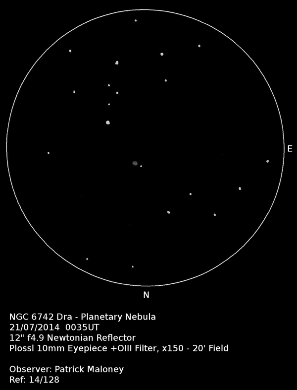 A sketch of NGC 6742 by Patrick Maloney through his 12-inch newtonian telescope at x150 magnification.