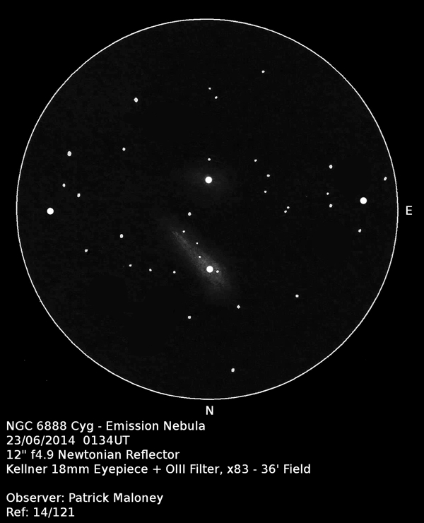 A sketch of emission nebula NGC 6888 in Cygnus by Patrick Maloney through his 12-inch newtonian telescope at x83 magnification A sketch of emission nebula NGC 6888 in Cygnus by Patrick Maloney through his 12-inch newtonian telescope at x83 magnification