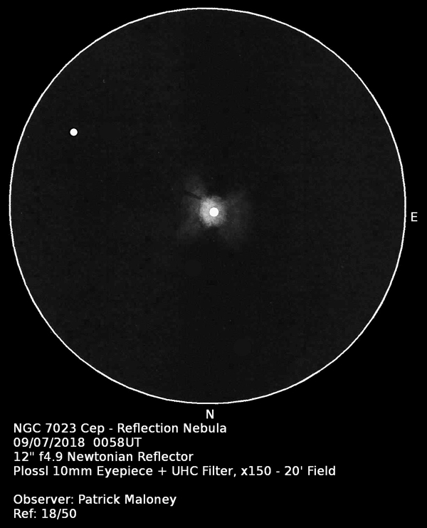 A sketch of NGC 7023 by Patrick Maloney through his 12-inch newtonian telescope at x150 magnification with a UHC filter