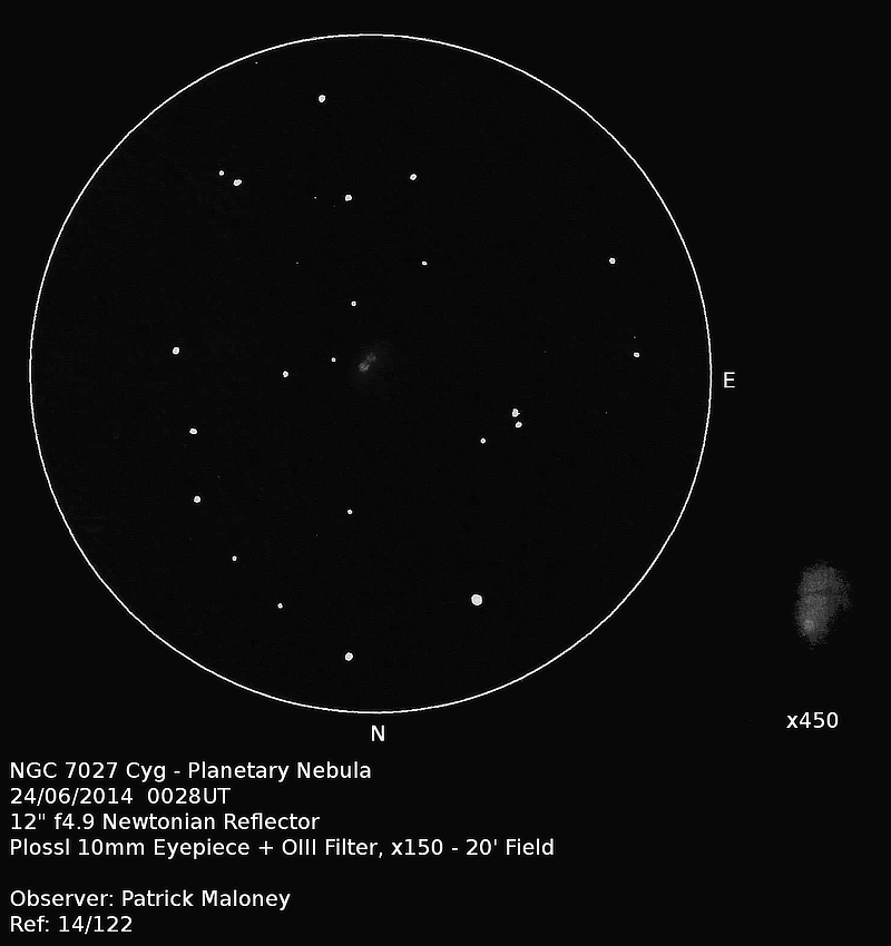 A sketch of planetary nebula NGC 7027 in Cygnus by Patrick Maloney through his 12-inch newtonian telescope at x450 magnification with an OIII filter.