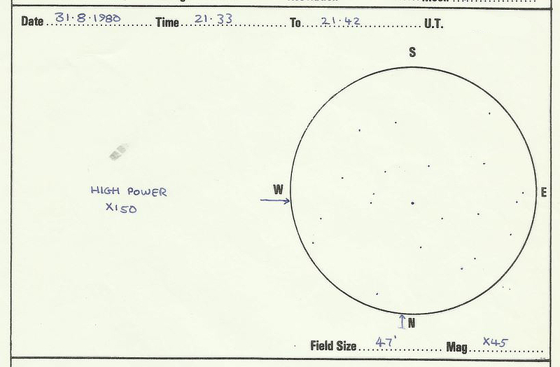 A sketch of planetary nebula NGC 7027 in Cygnus by Patrick Maloney through his 4&frac12;-inch newtonian telescope at x45 and x150 magnification.