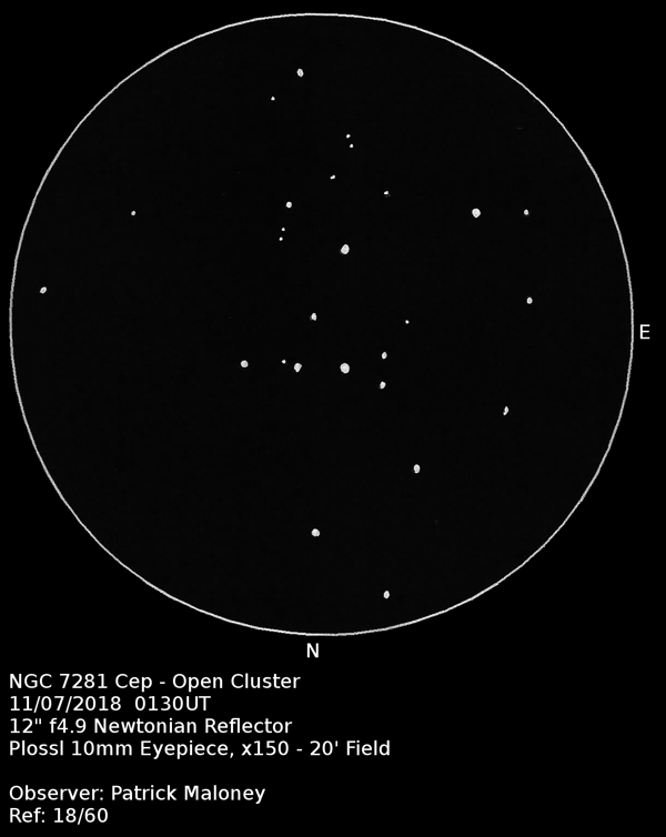 A sketch of NGC 7281 by Patrick Maloney through his 12-inch newtonian telescope at x150 magnification