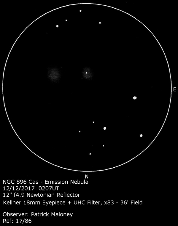 A sketch of NGC 896 by Patrick Maloney through his 12-inch newtonian telescope at x83 magnification