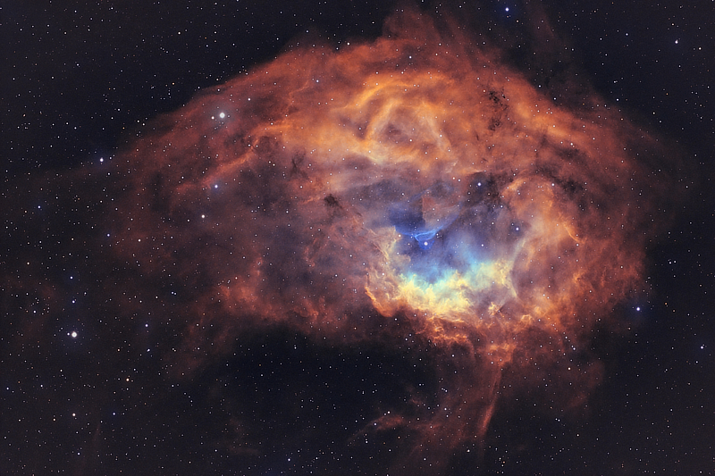 A narrowband image of emission nebula Sharpless 261 (Sh2-261) in Orion using SII, H&alpha; and OIII filters courtesy of Brendan Kinch.