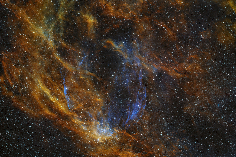 An image of the blue glowing halo of supernova remnant W63 (SNR G82.2+5.3) in Cygnus courtesy of Manuel Peitsch